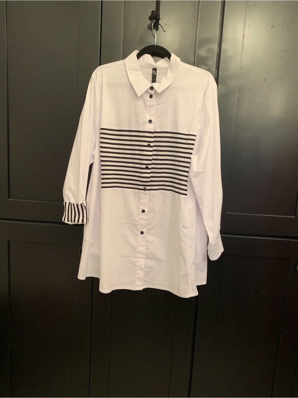 White Button-Up Long Shirt with Navy Striped Panel - Casual Women’s Shirt 18.